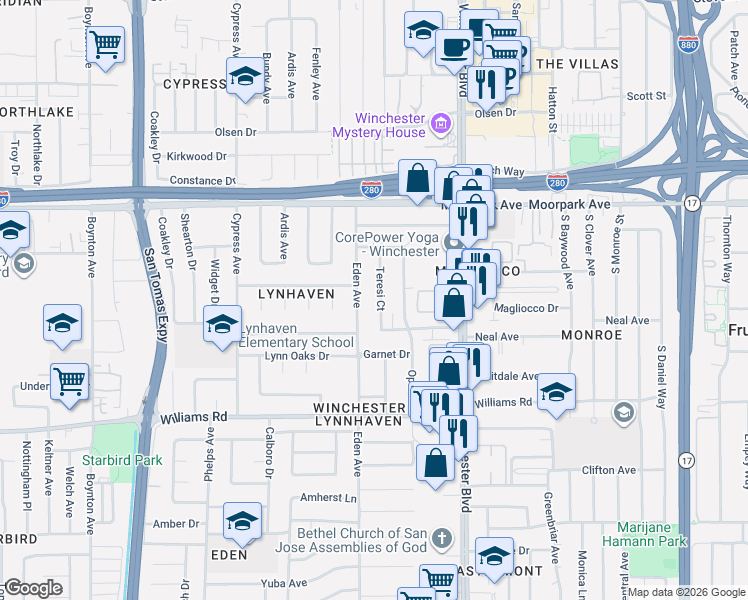 map of restaurants, bars, coffee shops, grocery stores, and more near 808 Eden Avenue in San Jose