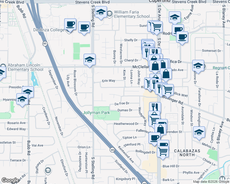 map of restaurants, bars, coffee shops, grocery stores, and more near 7572 Bollinger Road in Cupertino
