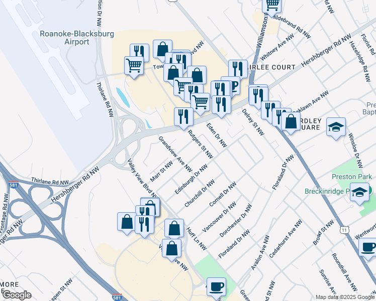 map of restaurants, bars, coffee shops, grocery stores, and more near 2622 Durham Street Northwest in Roanoke