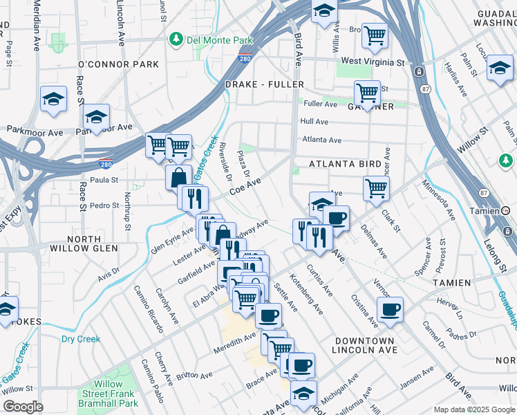 map of restaurants, bars, coffee shops, grocery stores, and more near 1029 Broadway Avenue in San Jose