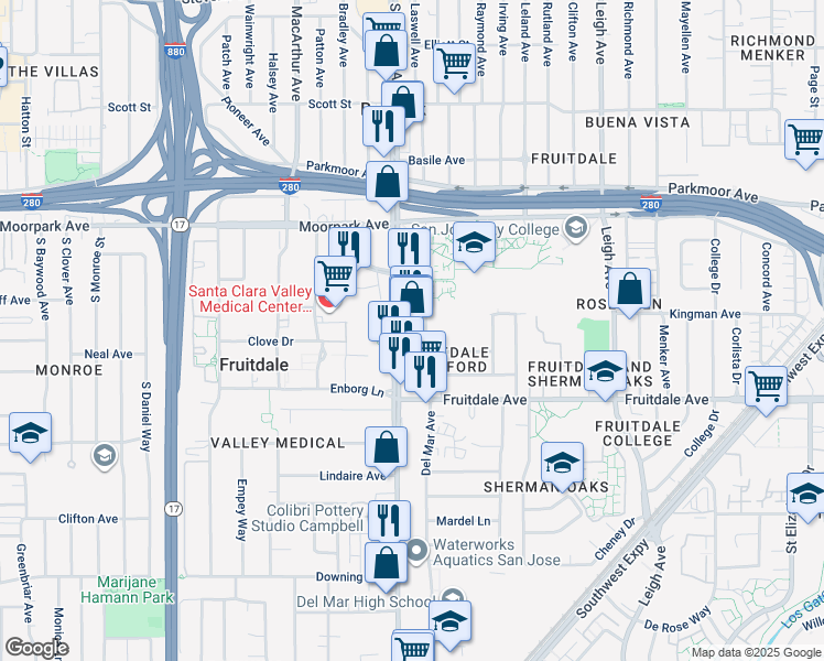 map of restaurants, bars, coffee shops, grocery stores, and more near 2125 Rexford Way in San Jose