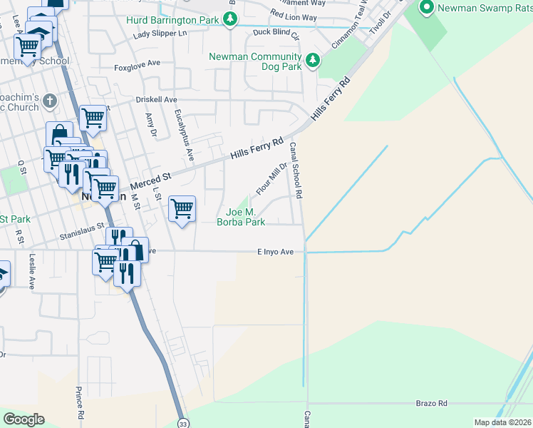 map of restaurants, bars, coffee shops, grocery stores, and more near 542 Rodeo Grounds Way in Newman