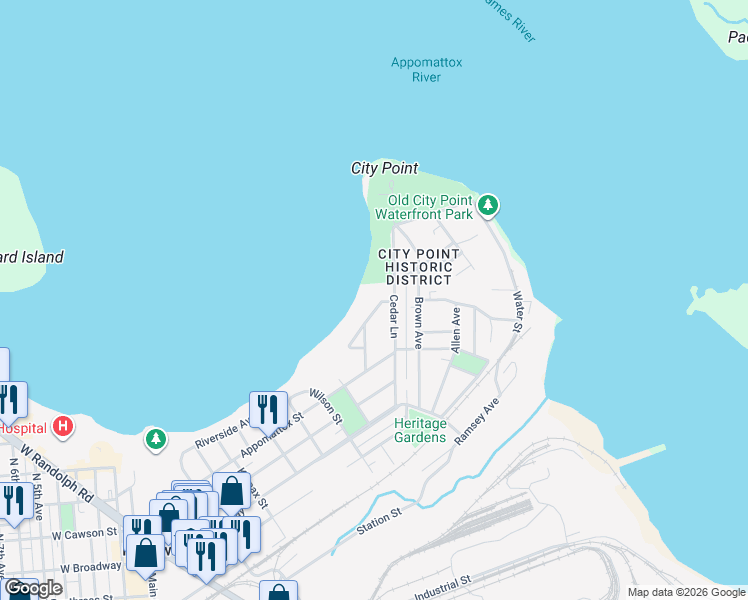 map of restaurants, bars, coffee shops, grocery stores, and more near 711 Francis Street in Hopewell