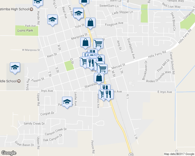 map of restaurants, bars, coffee shops, grocery stores, and more near 1528 Main Street in Newman