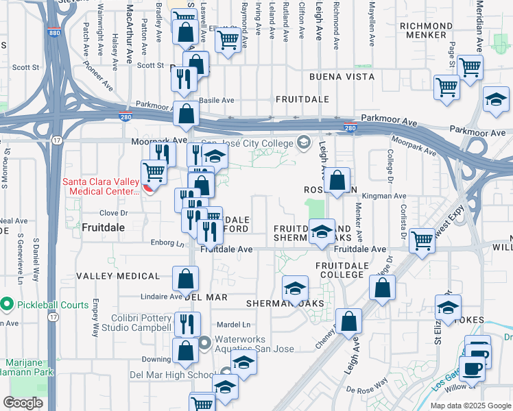map of restaurants, bars, coffee shops, grocery stores, and more near 785 Sherman Oaks Drive in San Jose