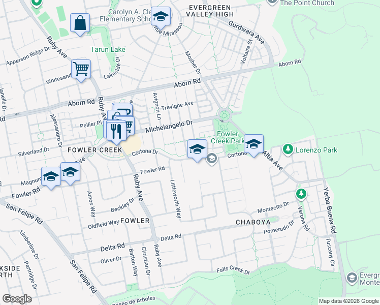 map of restaurants, bars, coffee shops, grocery stores, and more near 4072 Bouquet Park Lane in San Jose