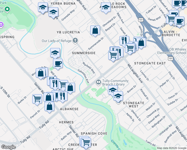 map of restaurants, bars, coffee shops, grocery stores, and more near 2358 Warfield Way in San Jose