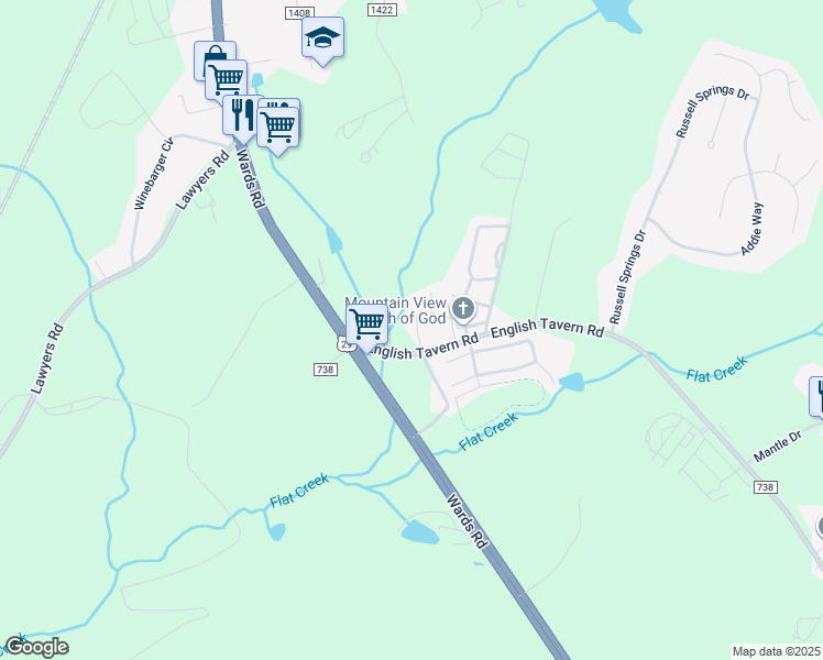 map of restaurants, bars, coffee shops, grocery stores, and more near 2721 English Tavern Road in Lynchburg