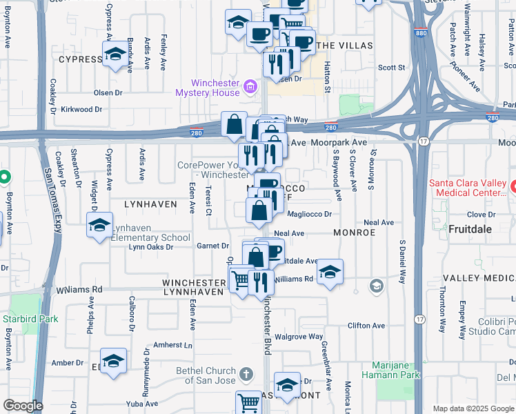 map of restaurants, bars, coffee shops, grocery stores, and more near 801 South Winchester Boulevard in San Jose