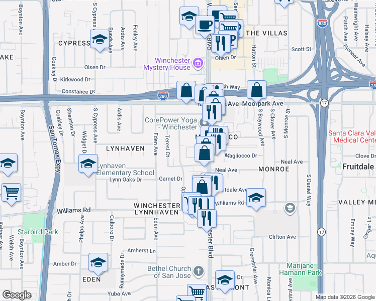 map of restaurants, bars, coffee shops, grocery stores, and more near 801 South Winchester Boulevard in San Jose