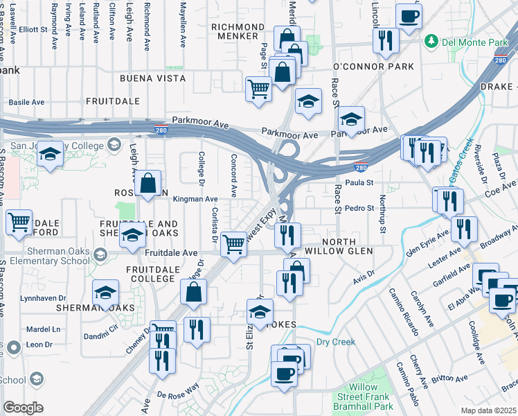 map of restaurants, bars, coffee shops, grocery stores, and more near 776 Deland Avenue in San Jose