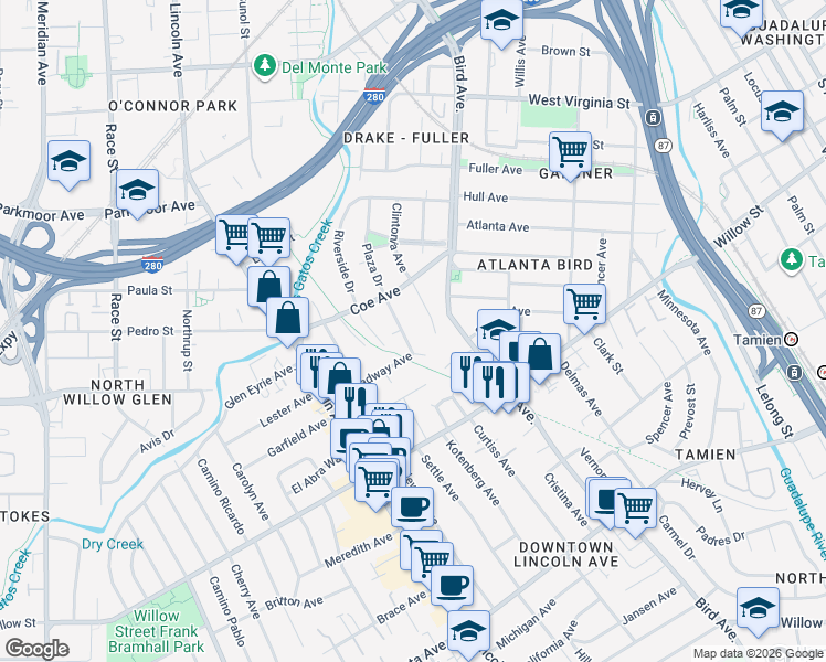 map of restaurants, bars, coffee shops, grocery stores, and more near 1042 Broadway Avenue in San Jose
