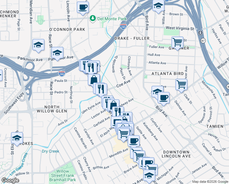 map of restaurants, bars, coffee shops, grocery stores, and more near 1024 Ramona Avenue in San Jose
