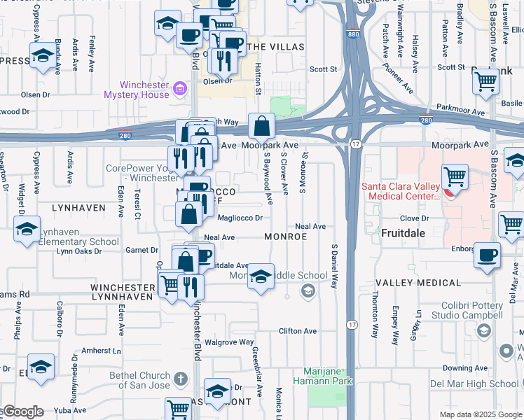 map of restaurants, bars, coffee shops, grocery stores, and more near 835 South Baywood Avenue in San Jose