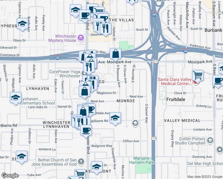 map of restaurants, bars, coffee shops, grocery stores, and more near 2970 Magliocco Drive in San Jose