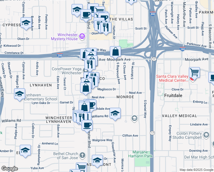 map of restaurants, bars, coffee shops, grocery stores, and more near 2970 Magliocco Drive in San Jose