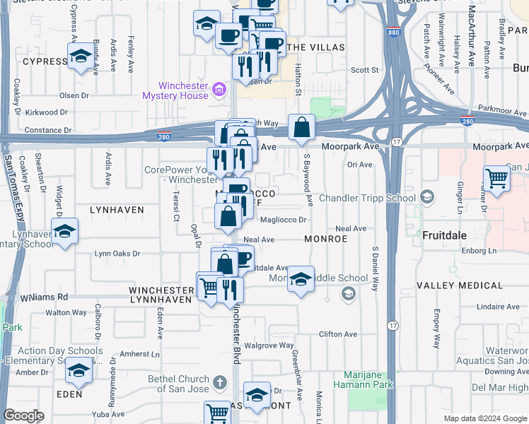 map of restaurants, bars, coffee shops, grocery stores, and more near 3050 Magliocco Drive in San Jose