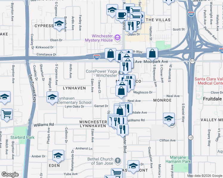 map of restaurants, bars, coffee shops, grocery stores, and more near 801 South Winchester Boulevard in San Jose
