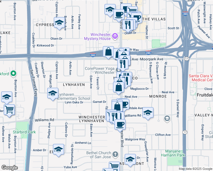 map of restaurants, bars, coffee shops, grocery stores, and more near 831 Opal Drive in San Jose