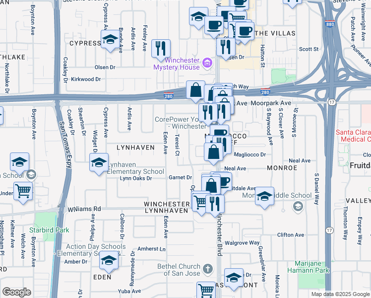 map of restaurants, bars, coffee shops, grocery stores, and more near 831 Opal Drive in San Jose