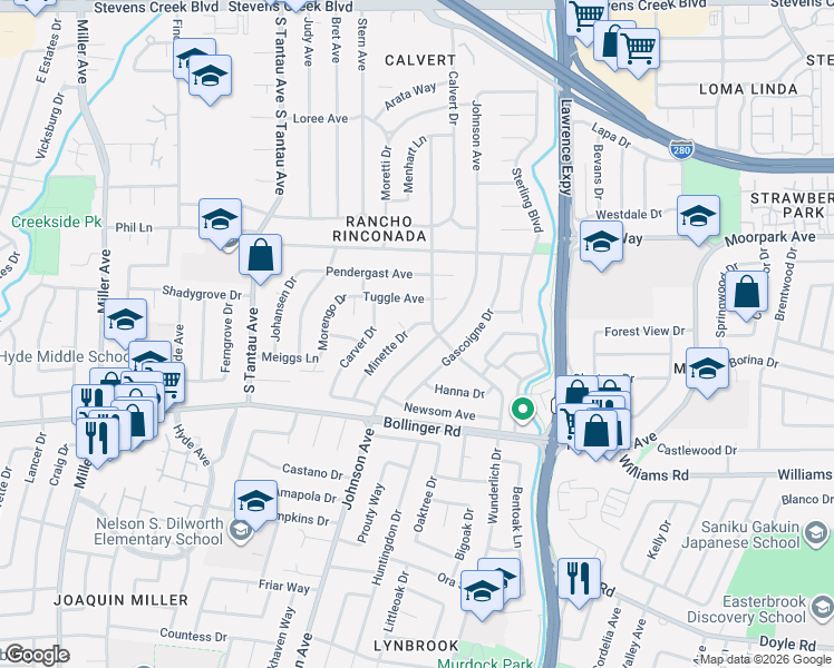 map of restaurants, bars, coffee shops, grocery stores, and more near 10691 Johnson Avenue in Cupertino