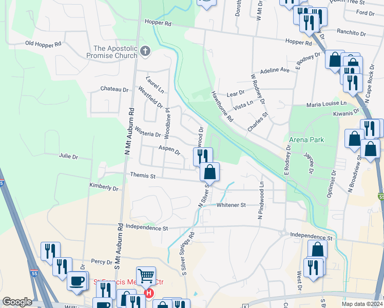 map of restaurants, bars, coffee shops, grocery stores, and more near 3002 Aspen Drive in Cape Girardeau