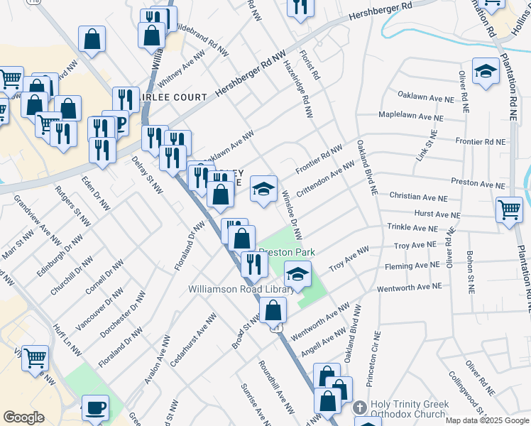 map of restaurants, bars, coffee shops, grocery stores, and more near 3142 Preston Avenue Northwest in Roanoke