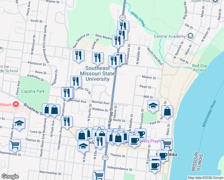 map of restaurants, bars, coffee shops, grocery stores, and more near 537 North Sprigg Street in Cape Girardeau