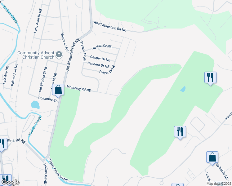 map of restaurants, bars, coffee shops, grocery stores, and more near 1502 Monterey Road Northeast in Roanoke