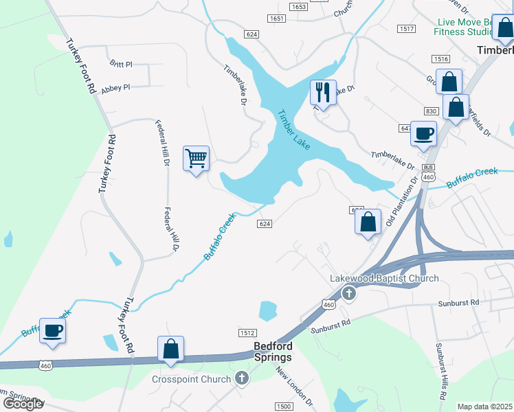 map of restaurants, bars, coffee shops, grocery stores, and more near 711 South Timberlake Drive in Lynchburg