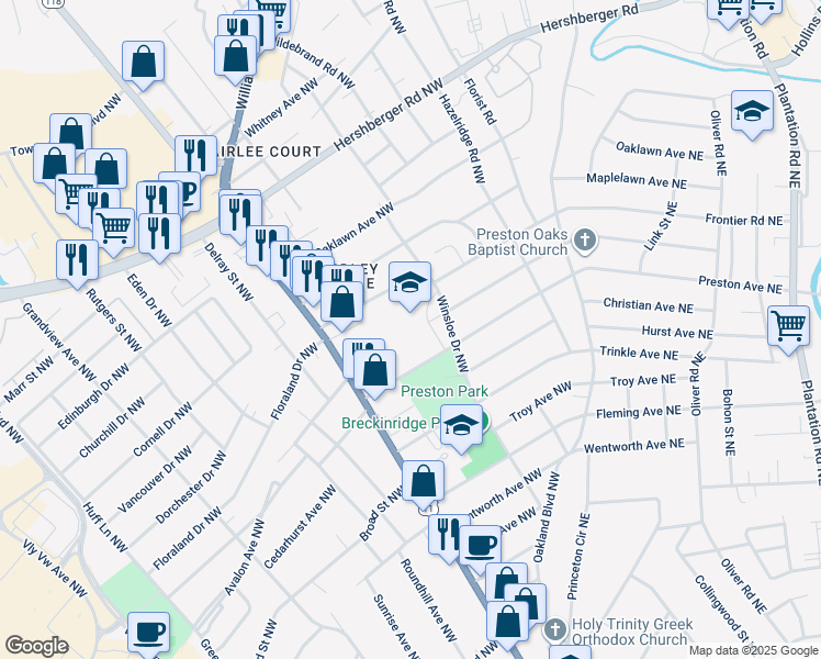 map of restaurants, bars, coffee shops, grocery stores, and more near 3142 Preston Avenue Northwest in Roanoke