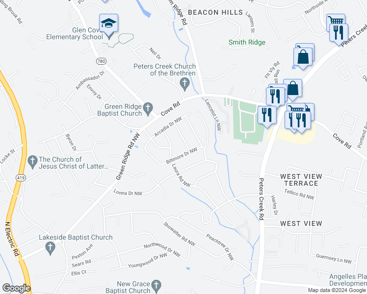 map of restaurants, bars, coffee shops, grocery stores, and more near 4526 Biltmore Drive Northwest in Roanoke
