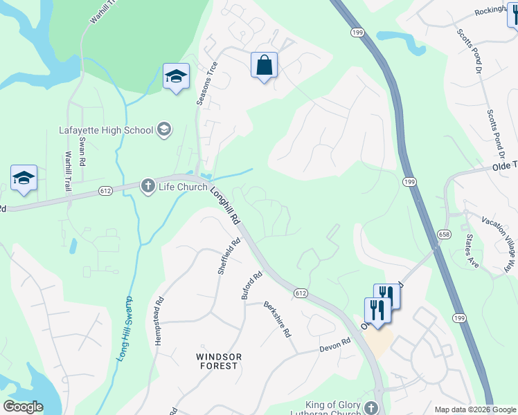 map of restaurants, bars, coffee shops, grocery stores, and more near 118 Dehaven Court in Williamsburg