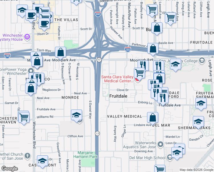 map of restaurants, bars, coffee shops, grocery stores, and more near 1018 Yarwood Court in San Jose