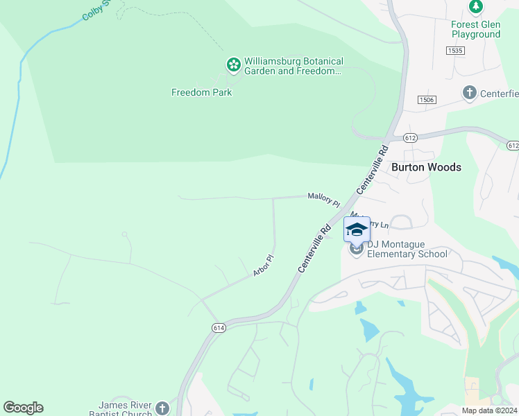 map of restaurants, bars, coffee shops, grocery stores, and more near 3619 Mallory Place in Williamsburg