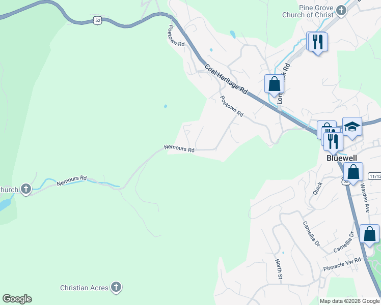 map of restaurants, bars, coffee shops, grocery stores, and more near 425 Jimmy Lewis Lake in Bluefield