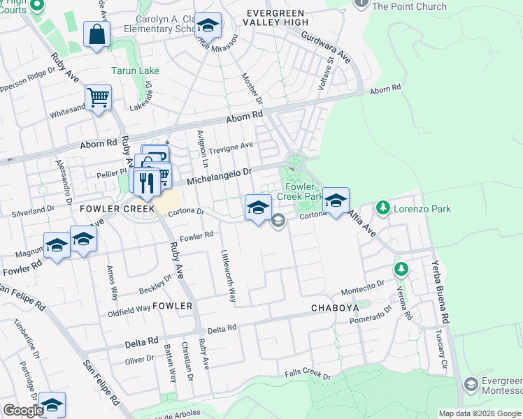 map of restaurants, bars, coffee shops, grocery stores, and more near 4090 Cortona Court in San Jose