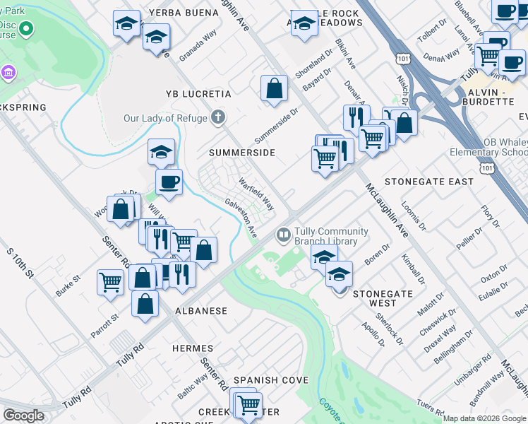 map of restaurants, bars, coffee shops, grocery stores, and more near 2358 Warfield Way in San Jose