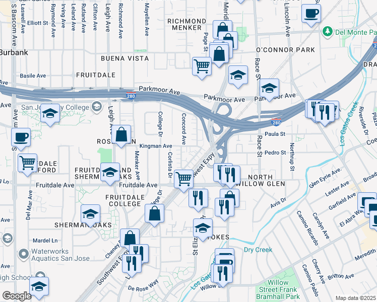 map of restaurants, bars, coffee shops, grocery stores, and more near 807 Deland Avenue in San Jose