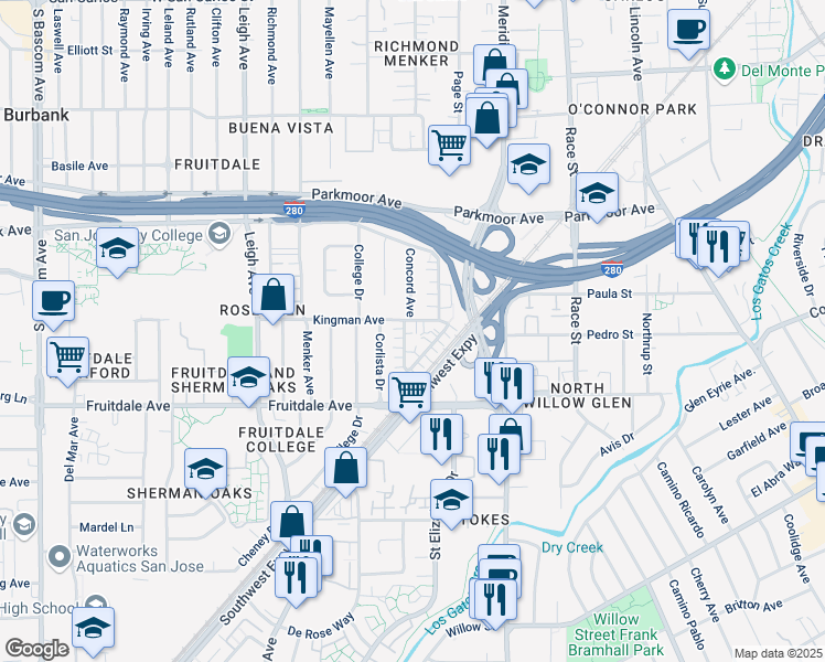 map of restaurants, bars, coffee shops, grocery stores, and more near 807 Deland Avenue in San Jose