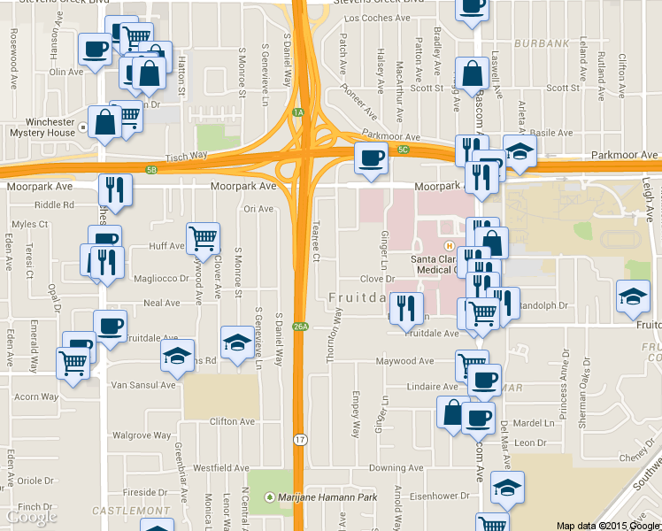 map of restaurants, bars, coffee shops, grocery stores, and more near 1018 Yarwood Court in San Jose
