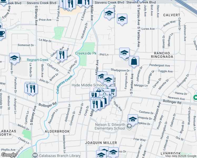 map of restaurants, bars, coffee shops, grocery stores, and more near 892 Miller Avenue in Cupertino