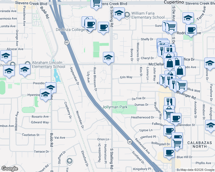map of restaurants, bars, coffee shops, grocery stores, and more near 10732 South Stelling Road in Cupertino