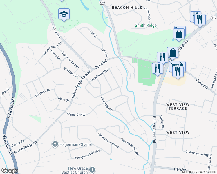 map of restaurants, bars, coffee shops, grocery stores, and more near 4526 Biltmore Drive Northwest in Roanoke