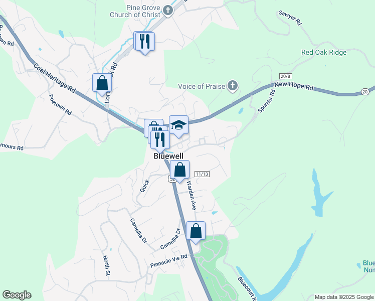 map of restaurants, bars, coffee shops, grocery stores, and more near 431 Bluewell Manor in Bluefield