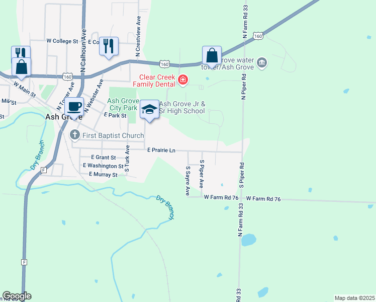 map of restaurants, bars, coffee shops, grocery stores, and more near 498 Sayre Ave in Ash Grove