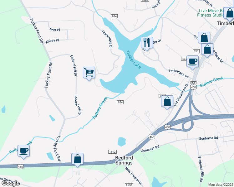 map of restaurants, bars, coffee shops, grocery stores, and more near 711 South Timberlake Drive in Lynchburg