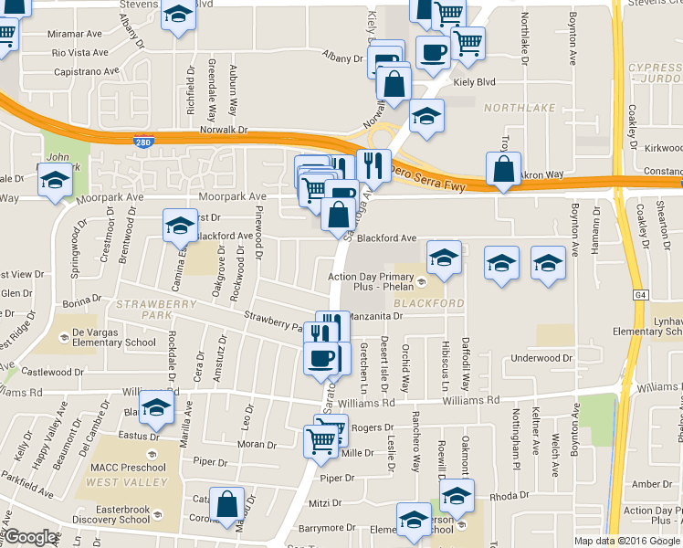 map of restaurants, bars, coffee shops, grocery stores, and more near 810 Saratoga Avenue in San Jose