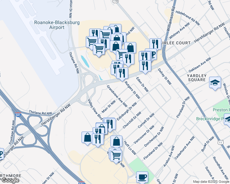 map of restaurants, bars, coffee shops, grocery stores, and more near 2601 Hebert Street Northwest in Roanoke