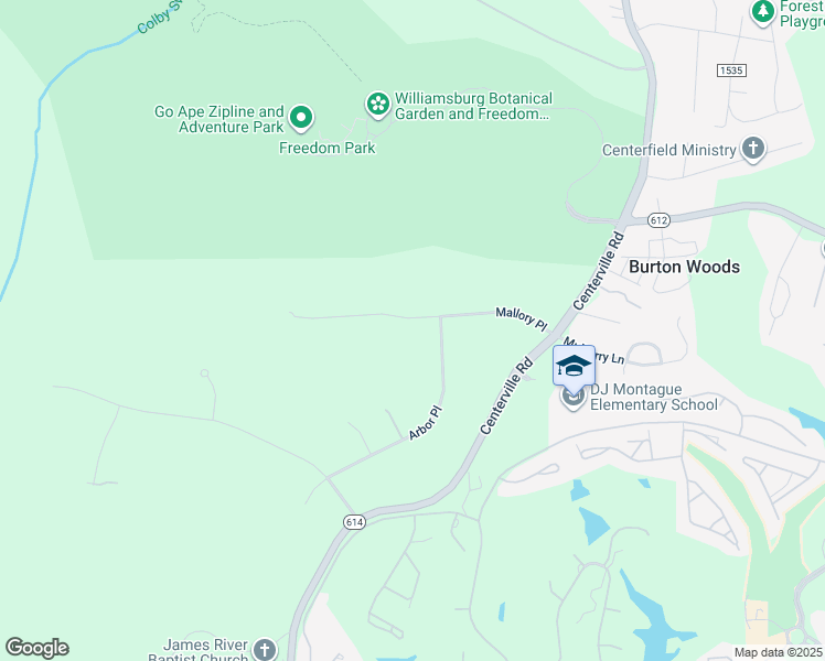 map of restaurants, bars, coffee shops, grocery stores, and more near 3619 Mallory Place in Williamsburg